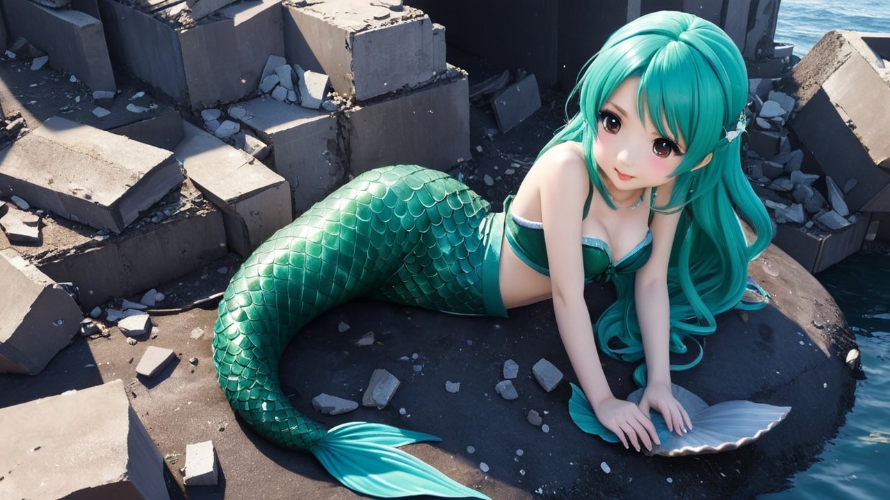 Anime-Style Mermaid on Weathered Stones by Water
