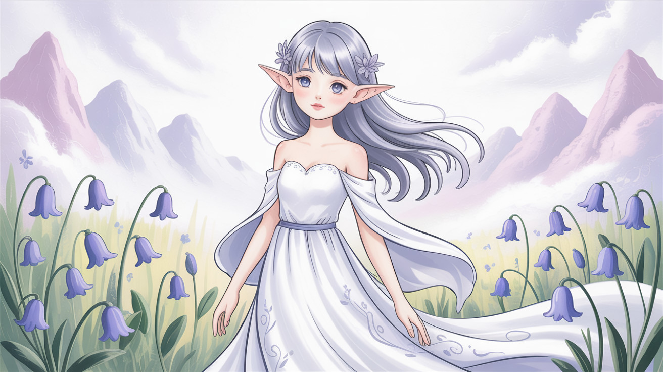 Anime Elf Girl in Bluebell Field with Mountains