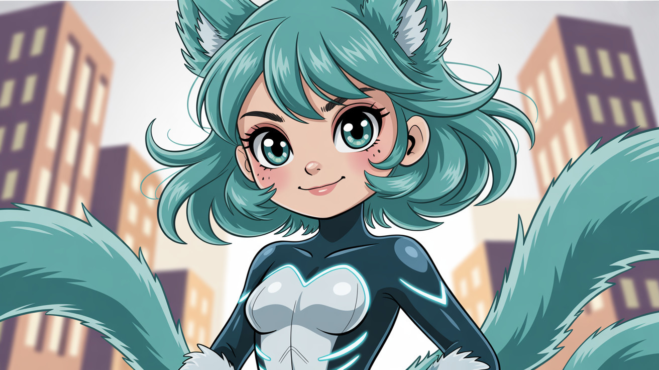 Teal-Haired Superhero in Cartoon Style with Furry Features