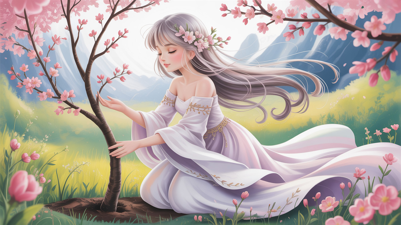 Anime girl in purple dress near cherry blossom tree