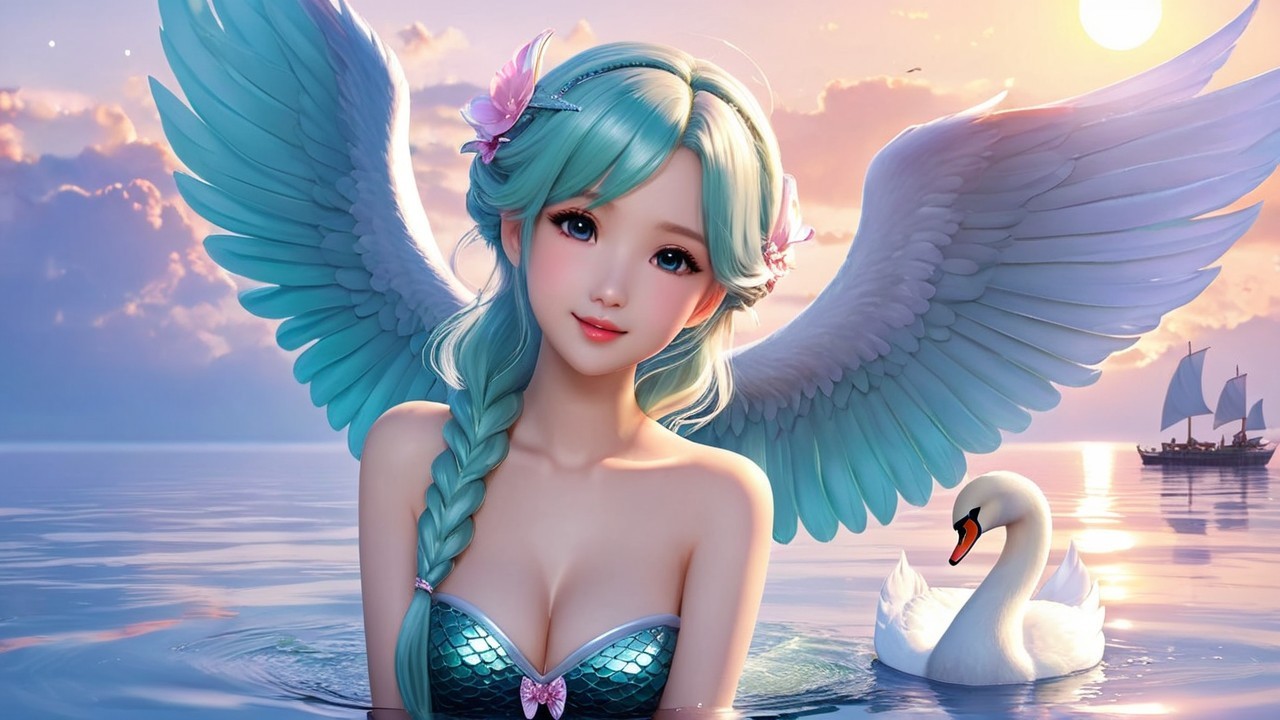 Mermaid in Serene Fantasy Scene with Swan and Sailboat