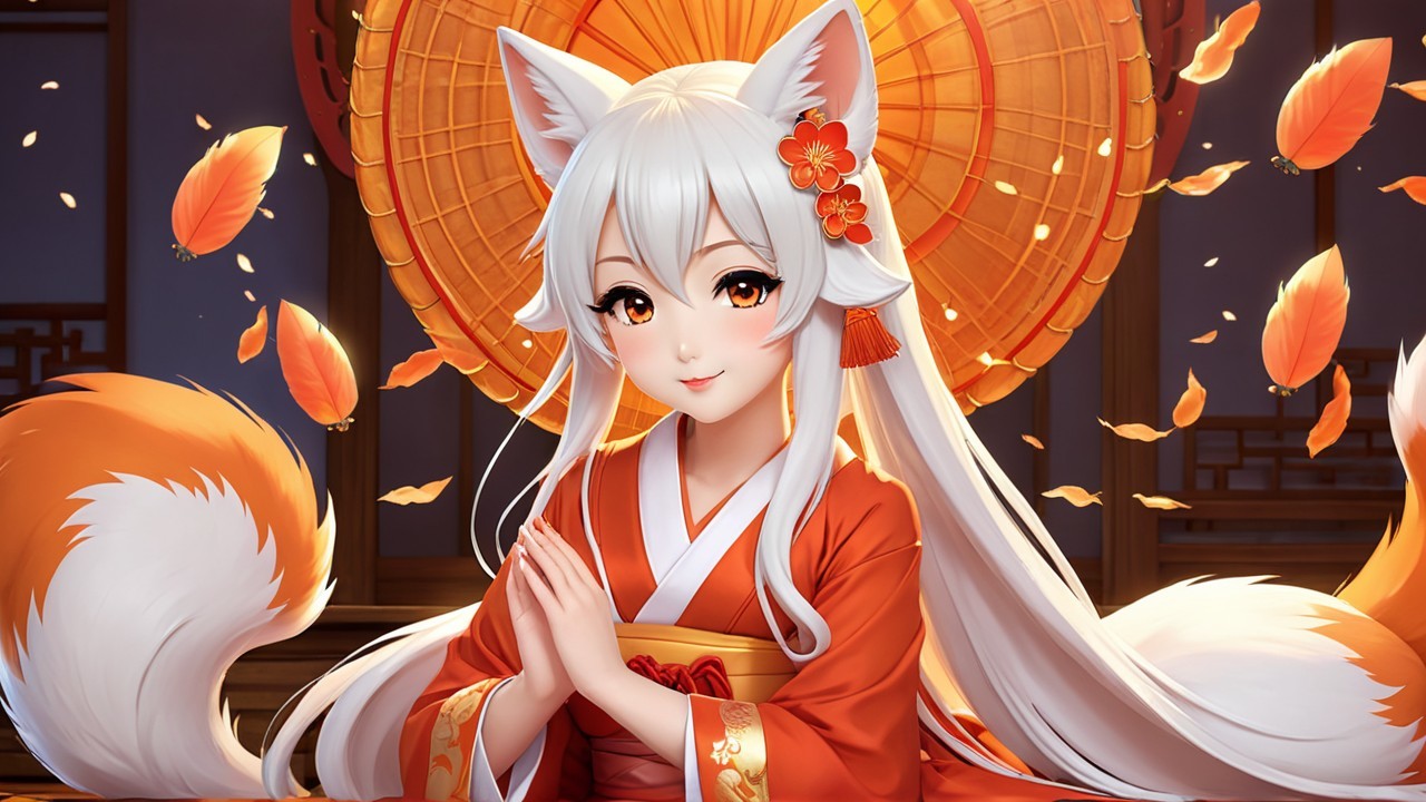 Serene fox-girl in elegant orange kimono with lantern