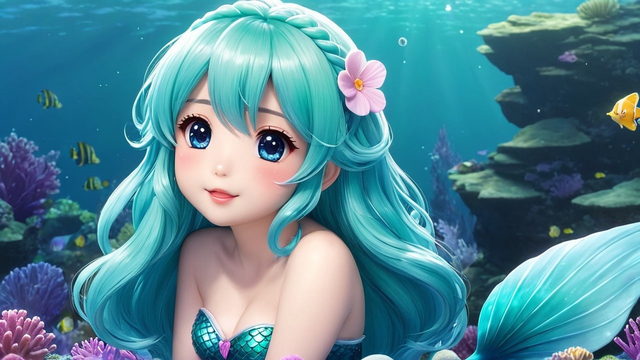 Whimsical Underwater Scene with a Mermaid and Coral