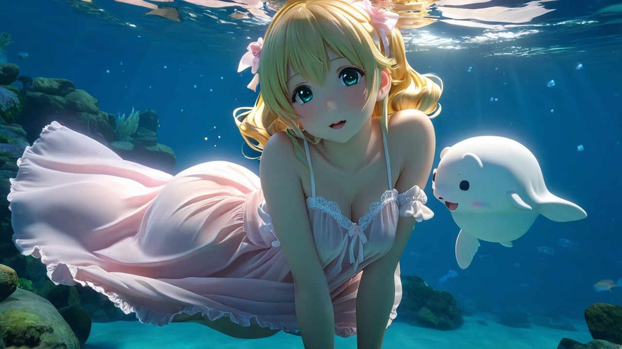 Whimsical Underwater Scene with Blonde Character and Seal