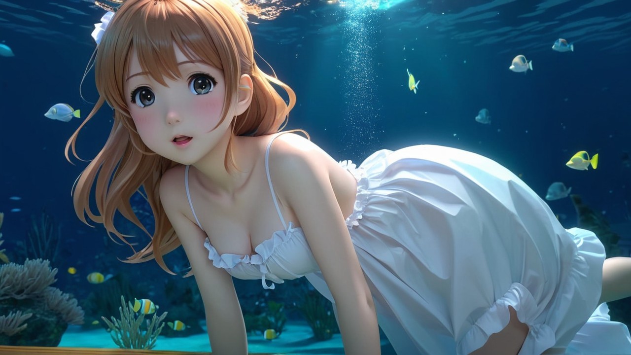 Anime Illustration of a Girl Underwater in a Dress
