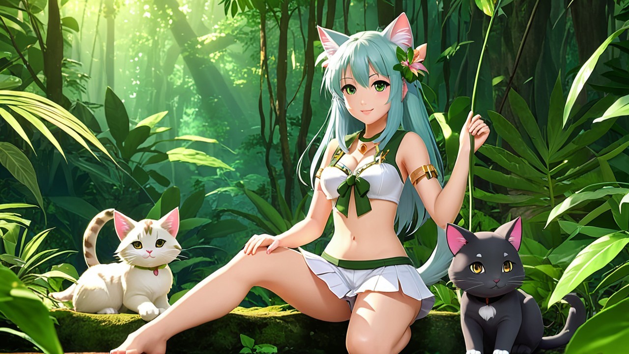 Young Woman with Cat Ears in Lush Jungle Setting