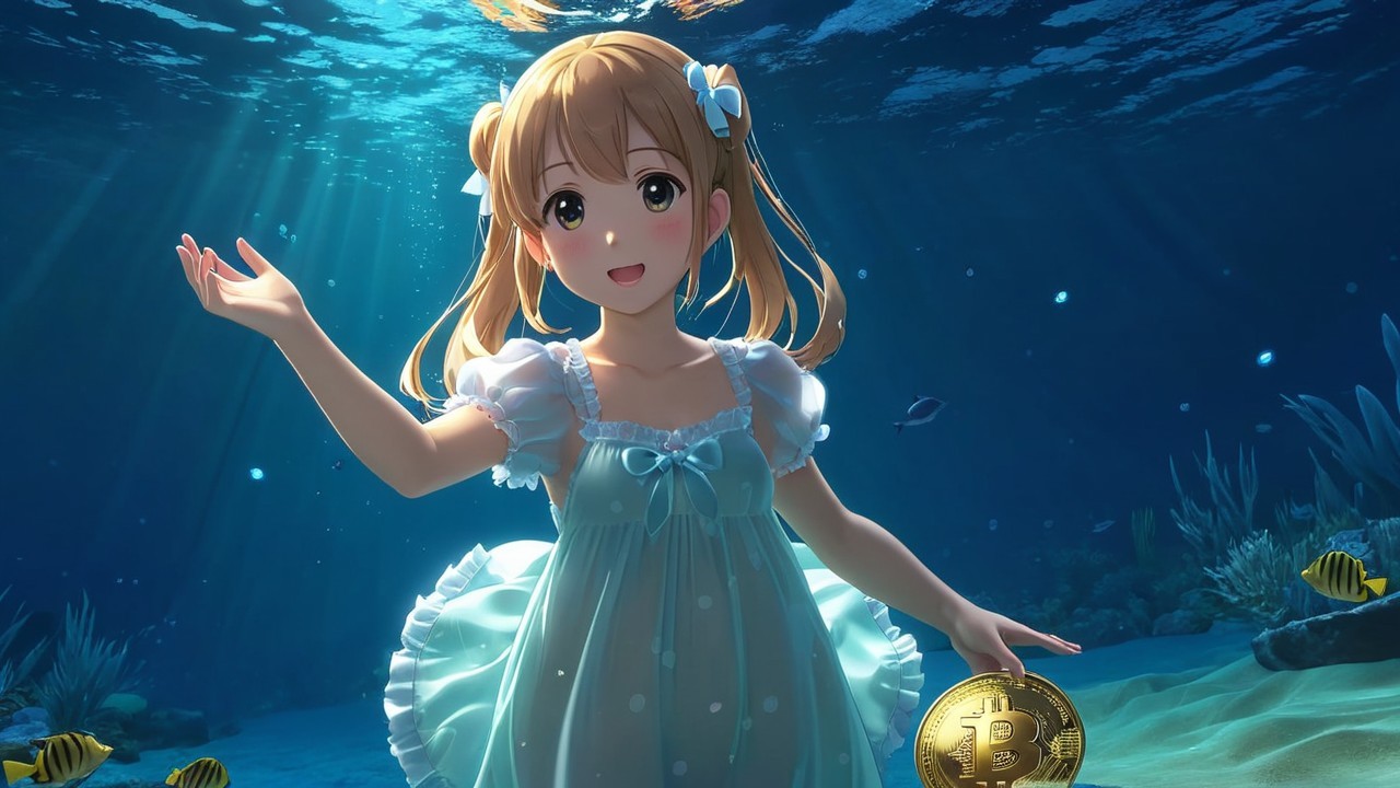 Young girl underwater with Bitcoin and colorful fish