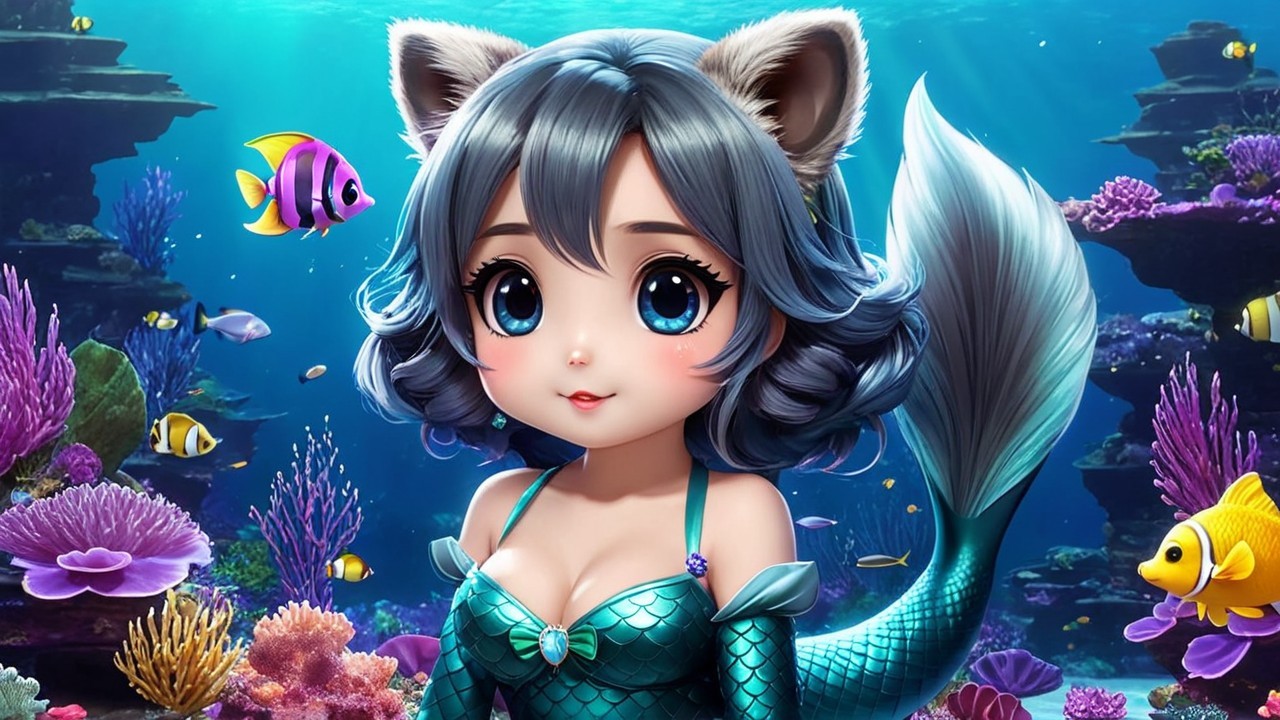 Stylized mermaid in vibrant underwater coral scene