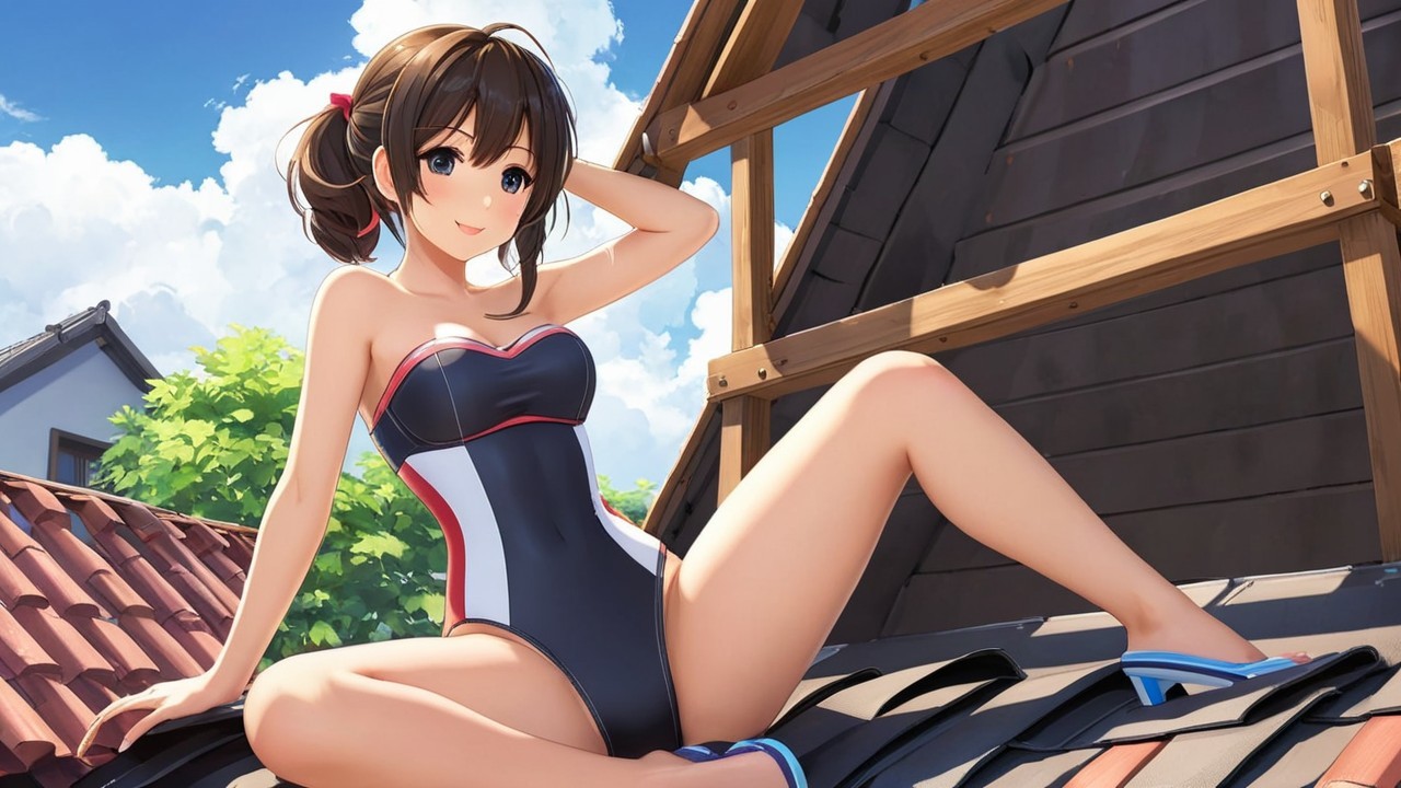 Young woman in stylish swimsuit on rooftop with clouds