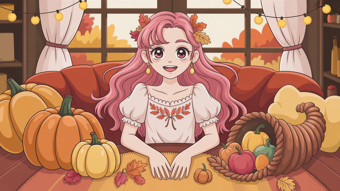 Anime Girl on Couch with Autumn Decorations