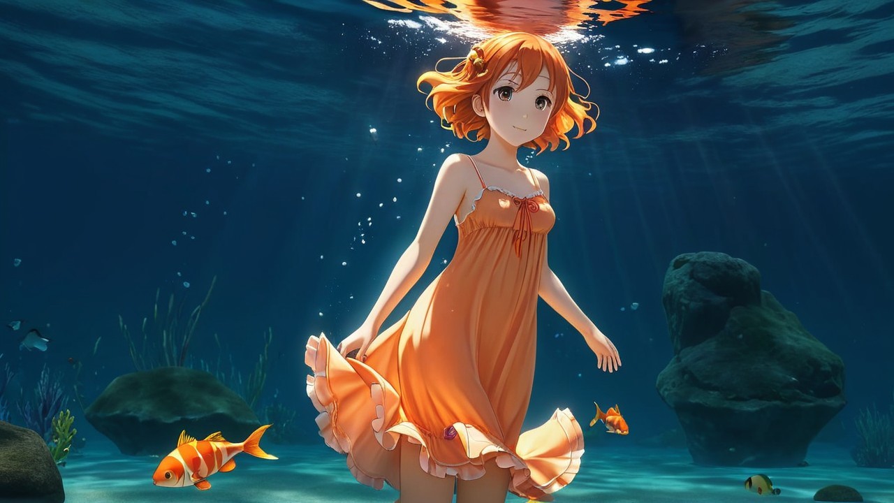 Young girl swimming underwater in vibrant orange dress