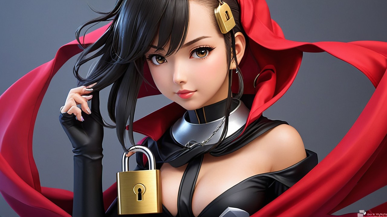 Female character in black outfit with red cape
