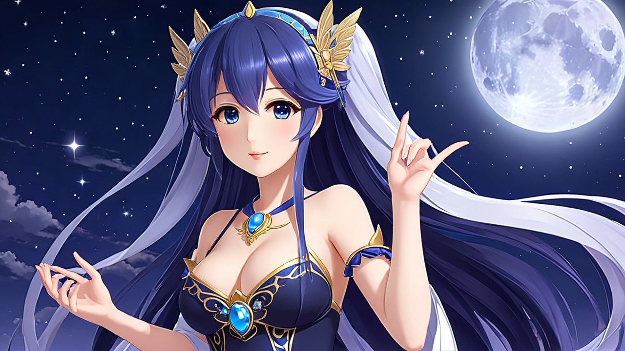 Anime character in dark outfit under starry night sky