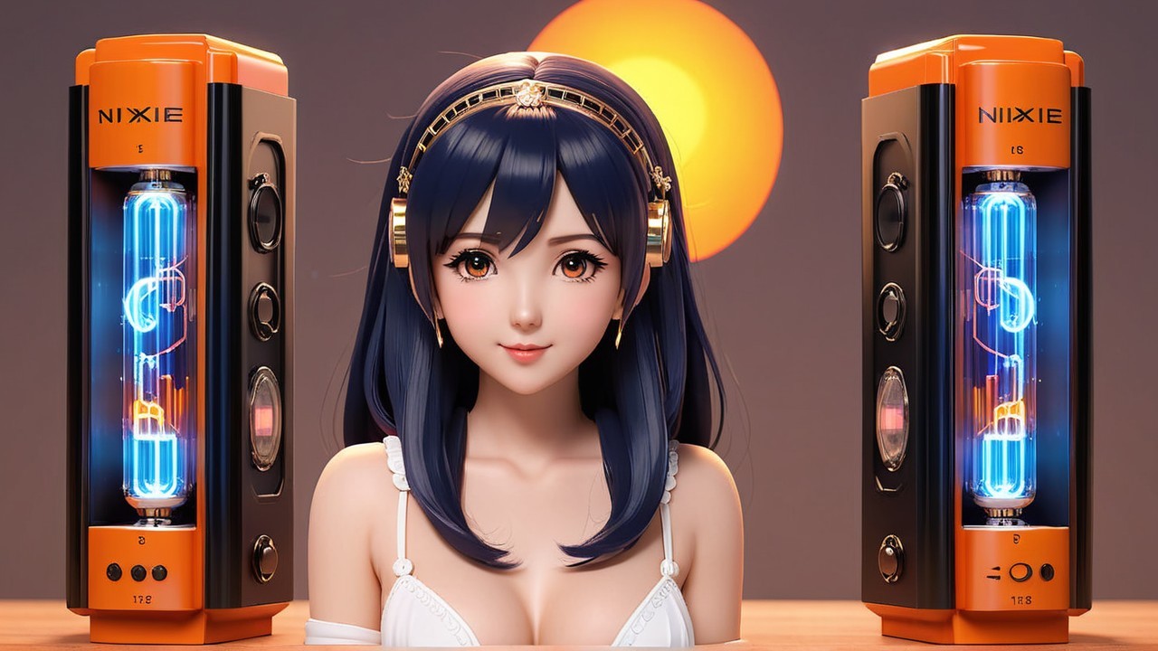 Digital Character with Nixie Tube Speakers and Sunset
