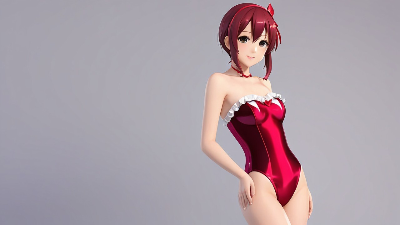 3D Character Rendering in Red Swimsuit with Frills