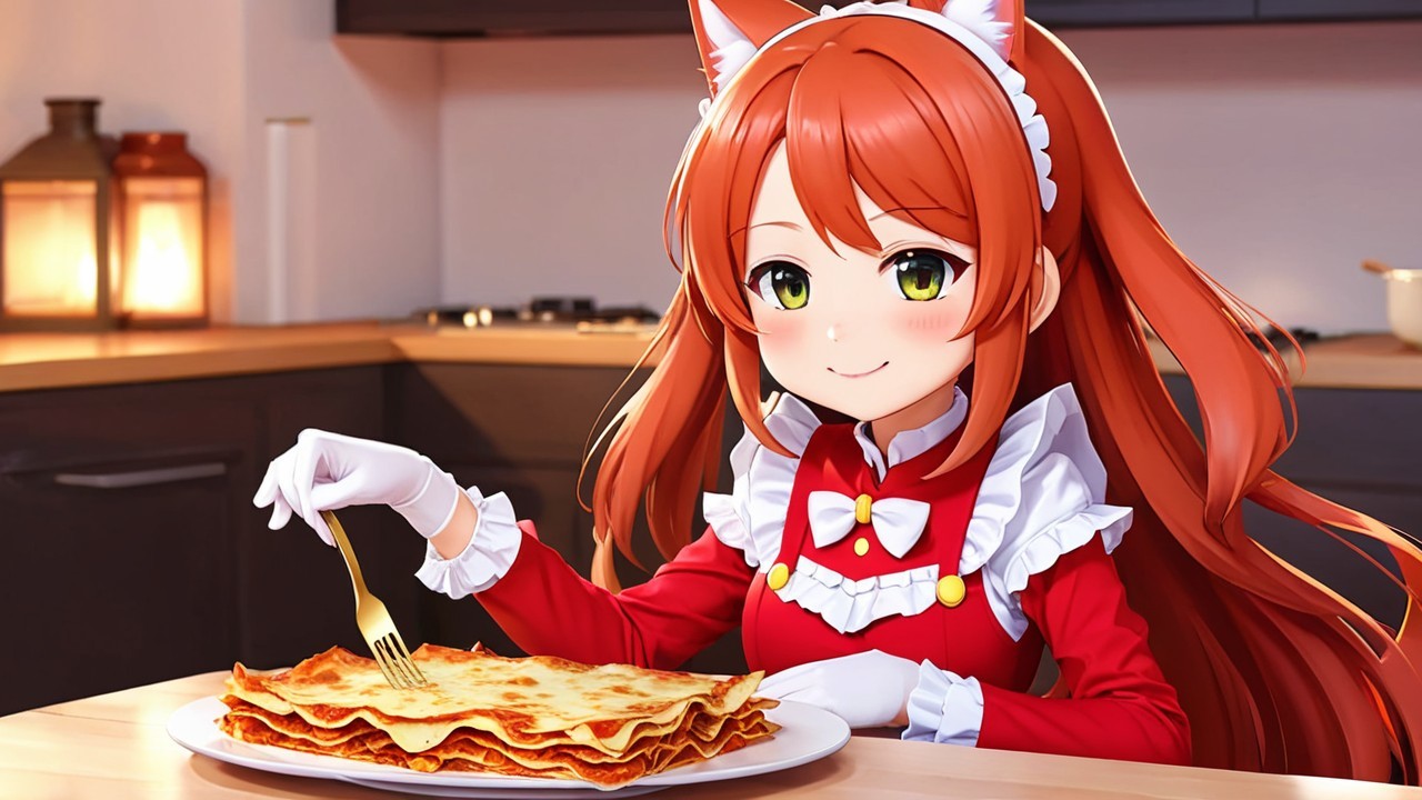 Young girl with red hair and lasagna in cozy kitchen