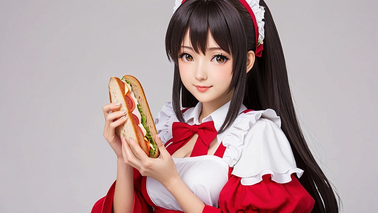 Young Woman in Maid Outfit with Large Sandwich
