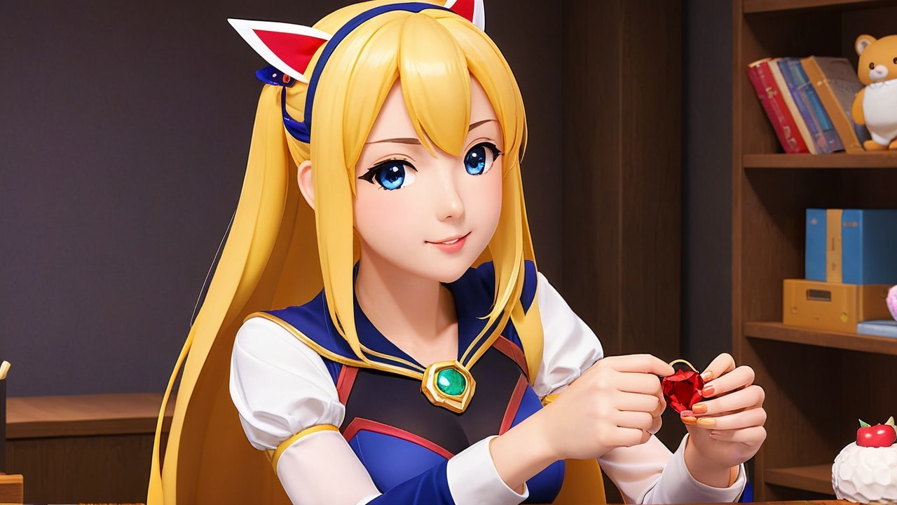 Cheerful anime character with blonde hair and blue eyes