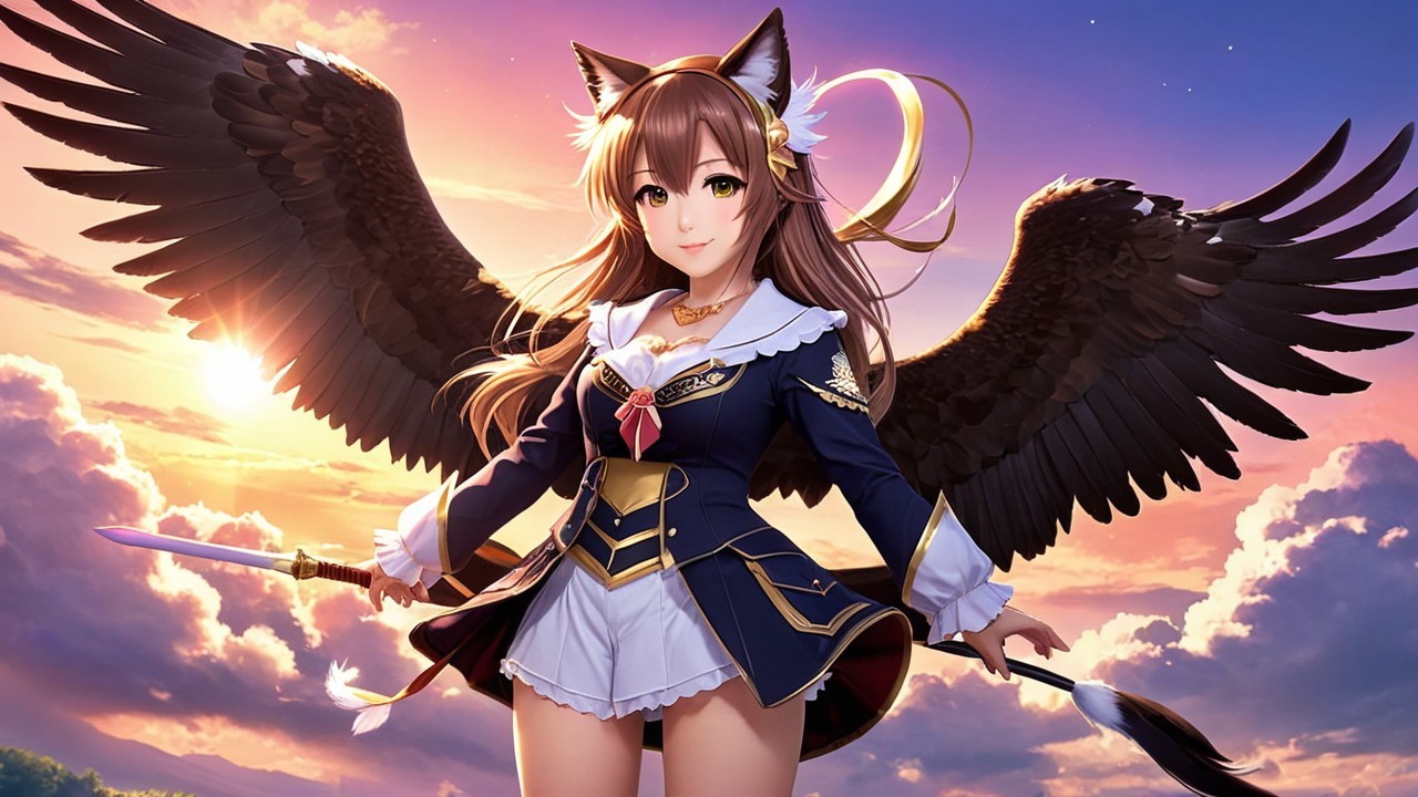 Character with Cat Features and Majestic Wings at Sunset