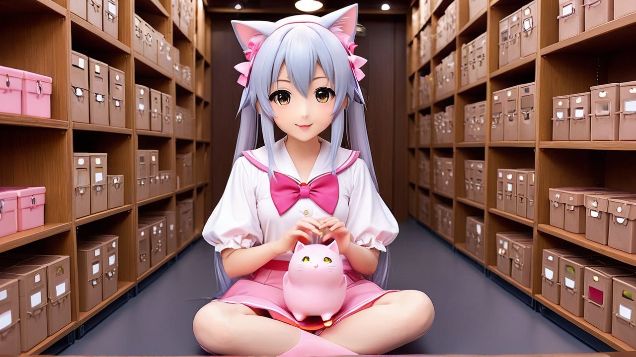 Cheerful anime character in cozy library setting