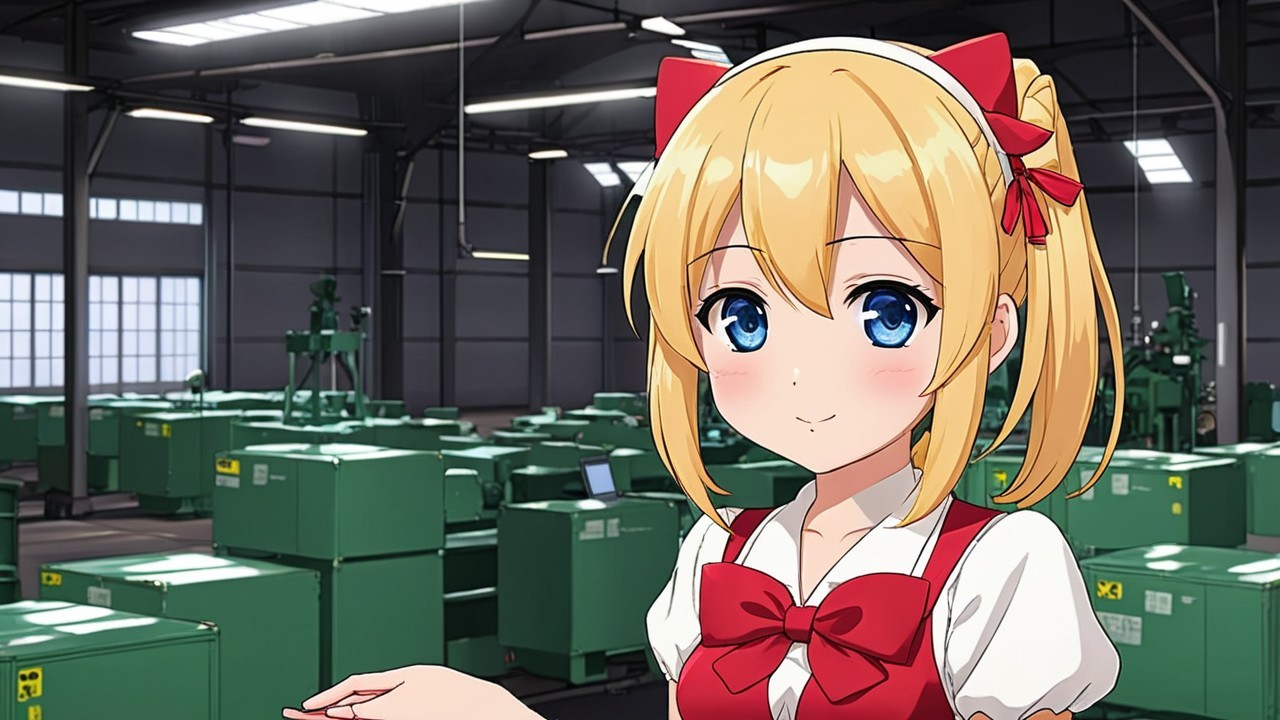 Young girl in red dress among green machinery