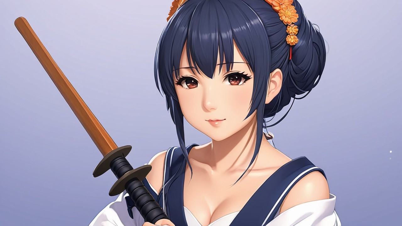 Character with Blue Hair and Katana in Traditional Outfit