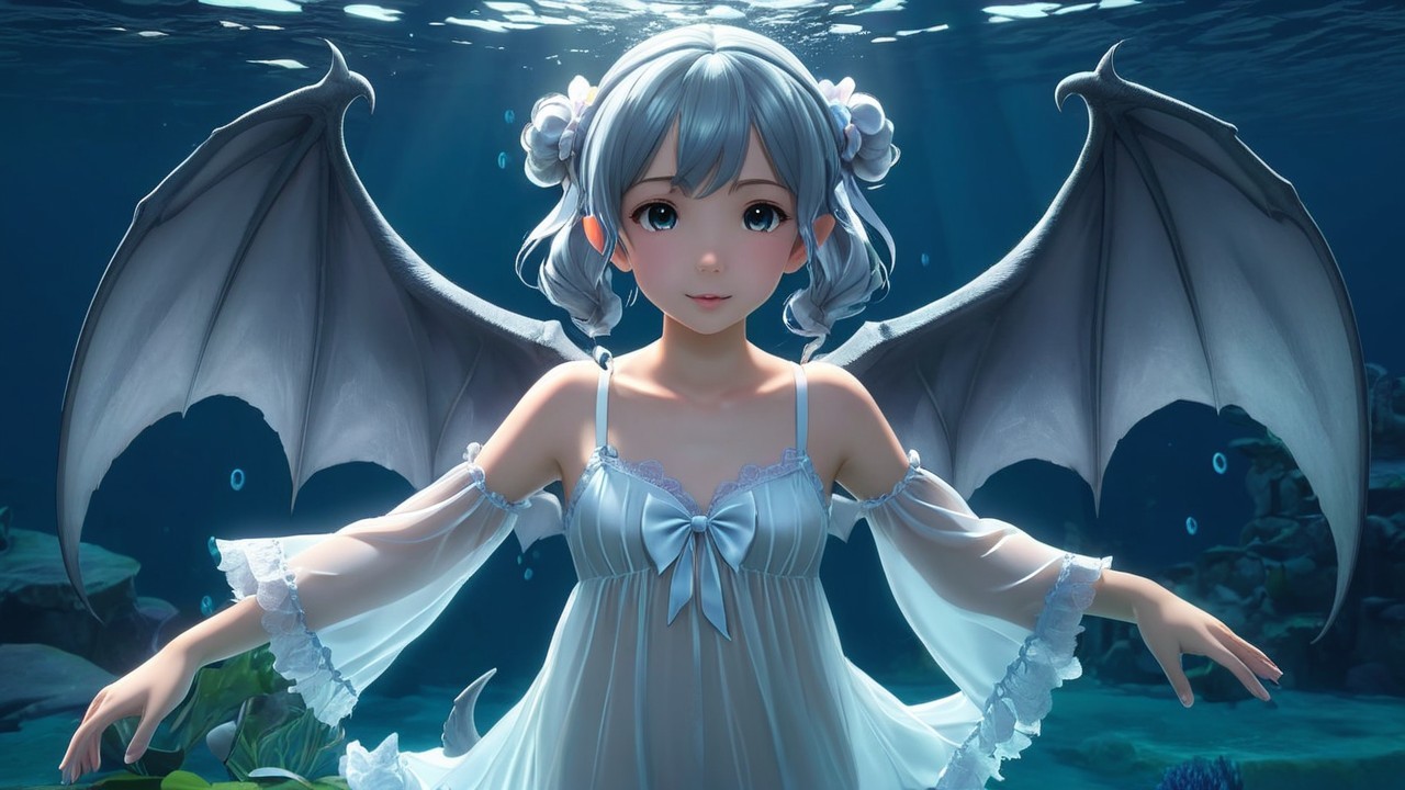Underwater Scene of a Girl with Bat-like Wings