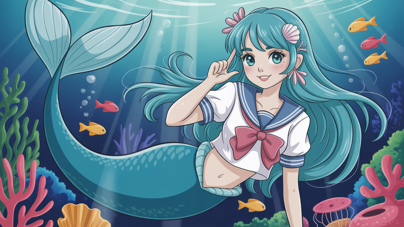 Chibi-style mermaid with teal hair swimming underwater