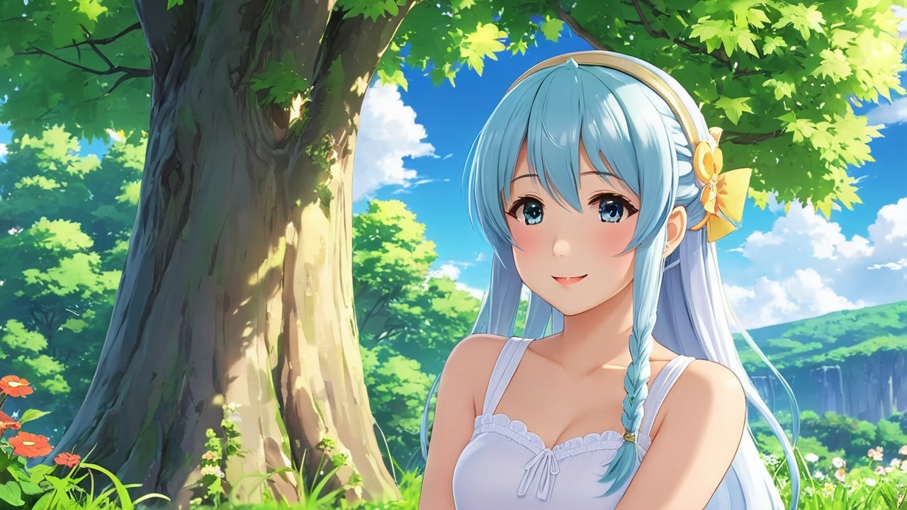 Young girl with blue hair under a leafy tree