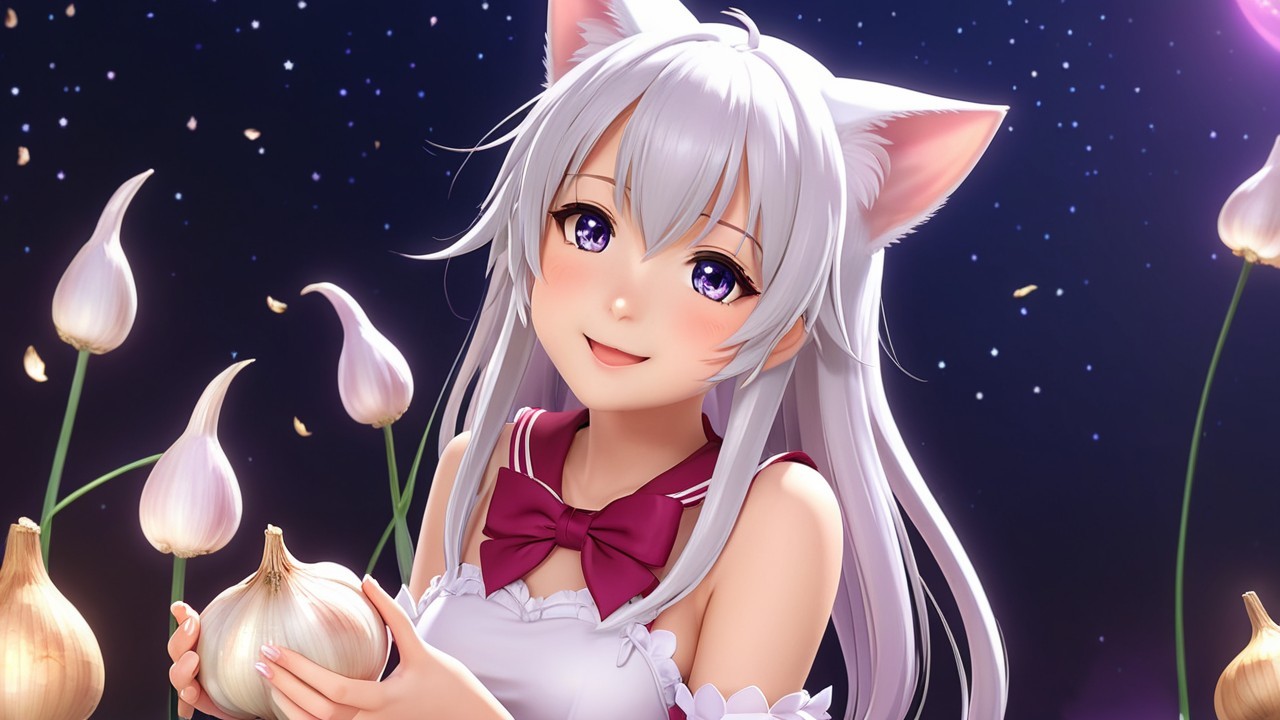 Cheerful anime girl with cat ears in a starry scene