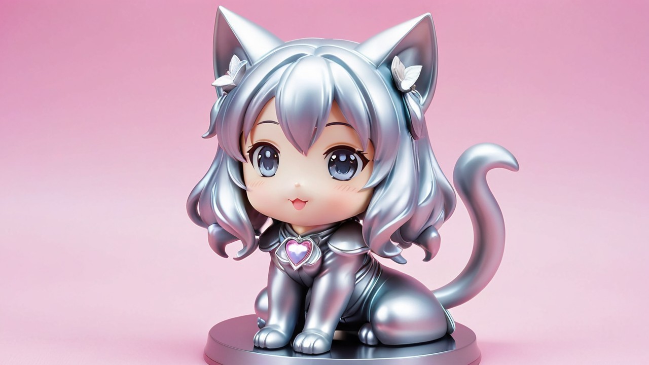 Chibi Cat Girl Figure with Silver Hair and Heart Emblem