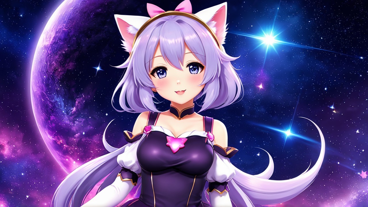 Anime Character with Lavender Hair and Cosmic Background
