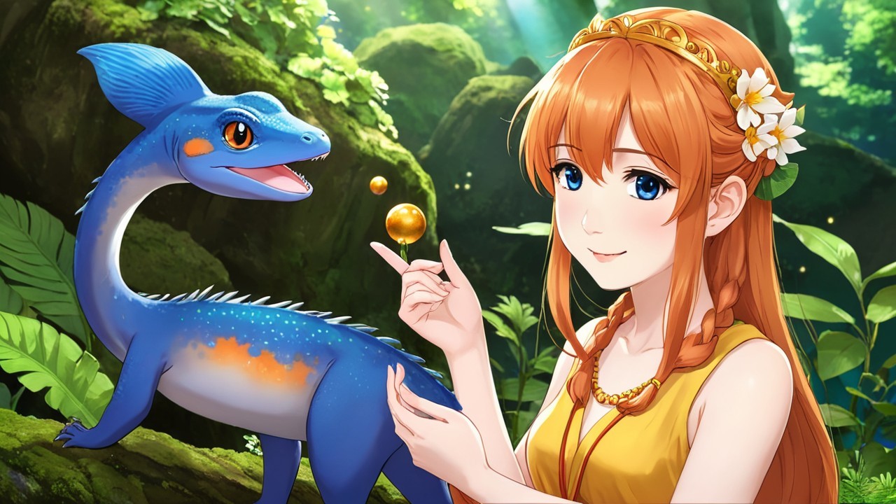 Young Woman and Playful Blue Dinosaur in Forest