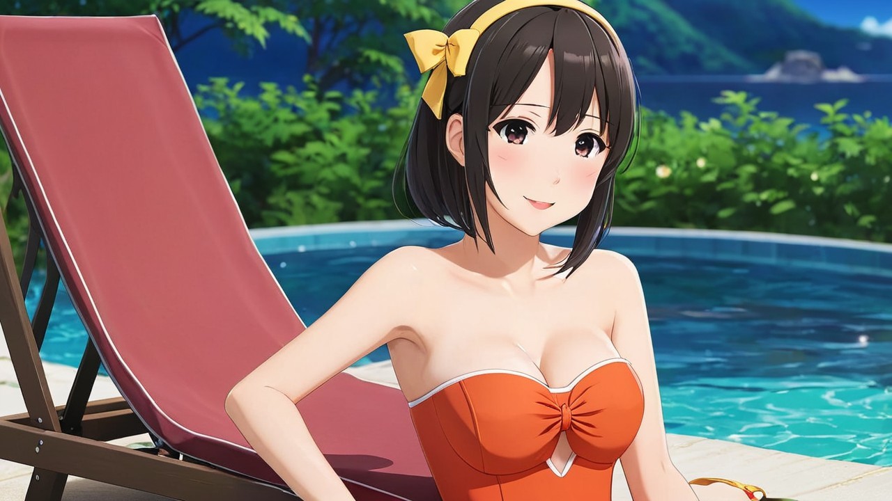 Young Woman by Sparkling Pool in Bright Orange Swimsuit