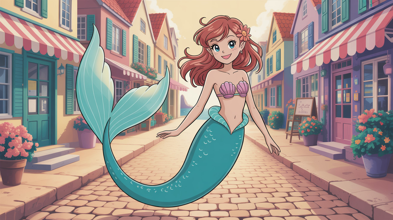 Anime Mermaid in Colorful Town with Cobblestone Street