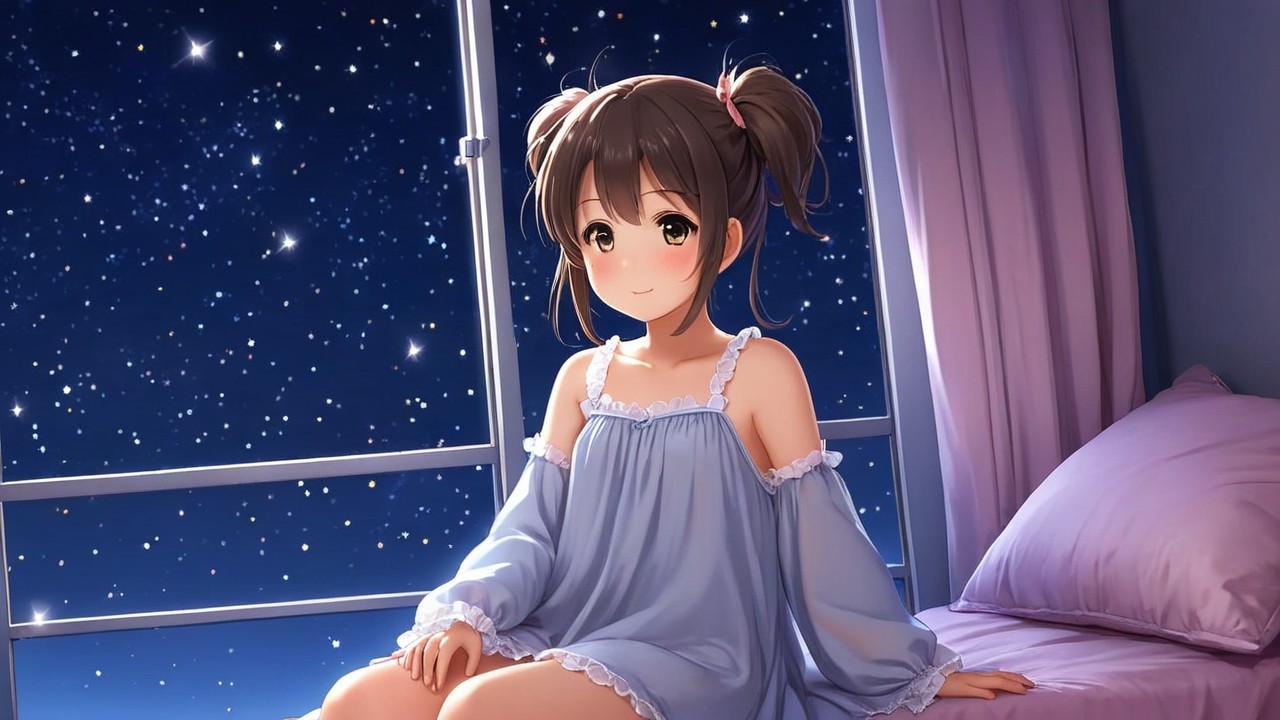 Young girl in nightgown on cozy bed with moonlight