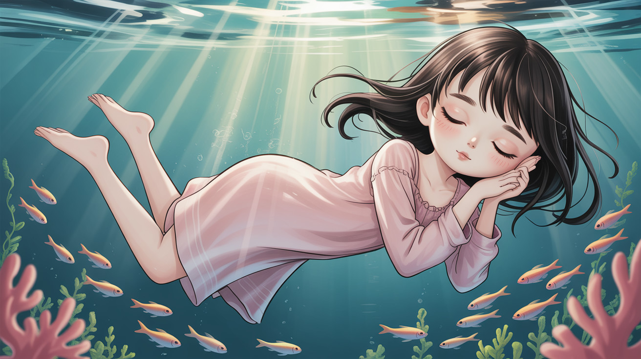 Anime illustration of a girl sleeping underwater