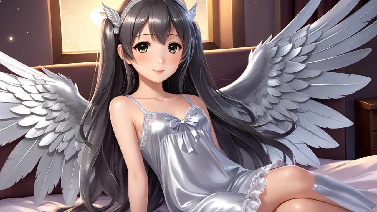 Serene anime girl with silver wings in cozy room