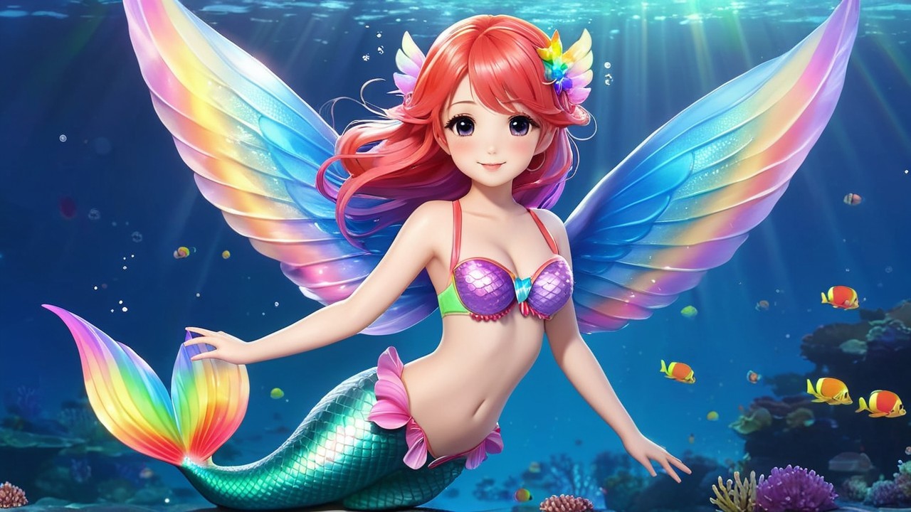 Vibrant Mermaid with Colorful Wings in Underwater Scene