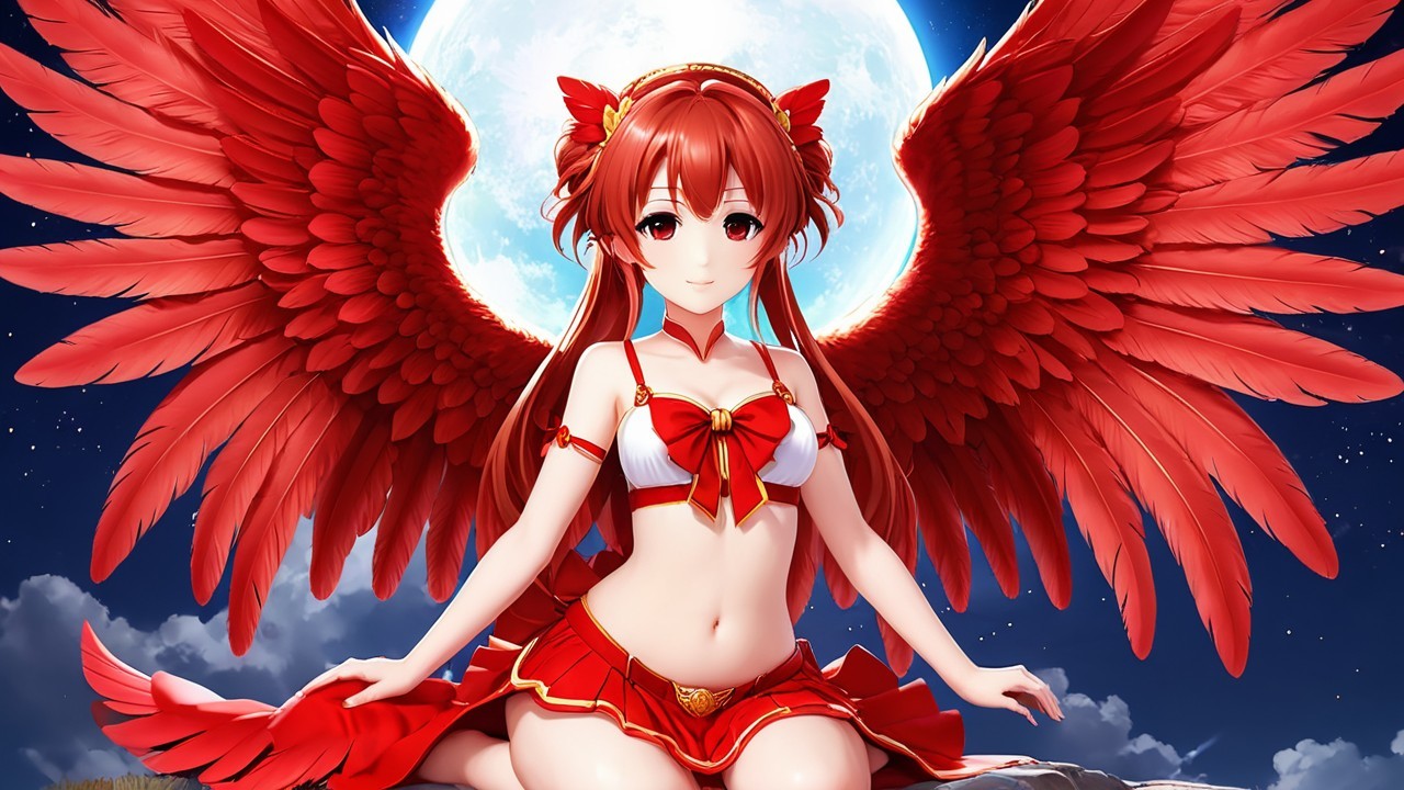 Character with Red Wings and Moonlit Background