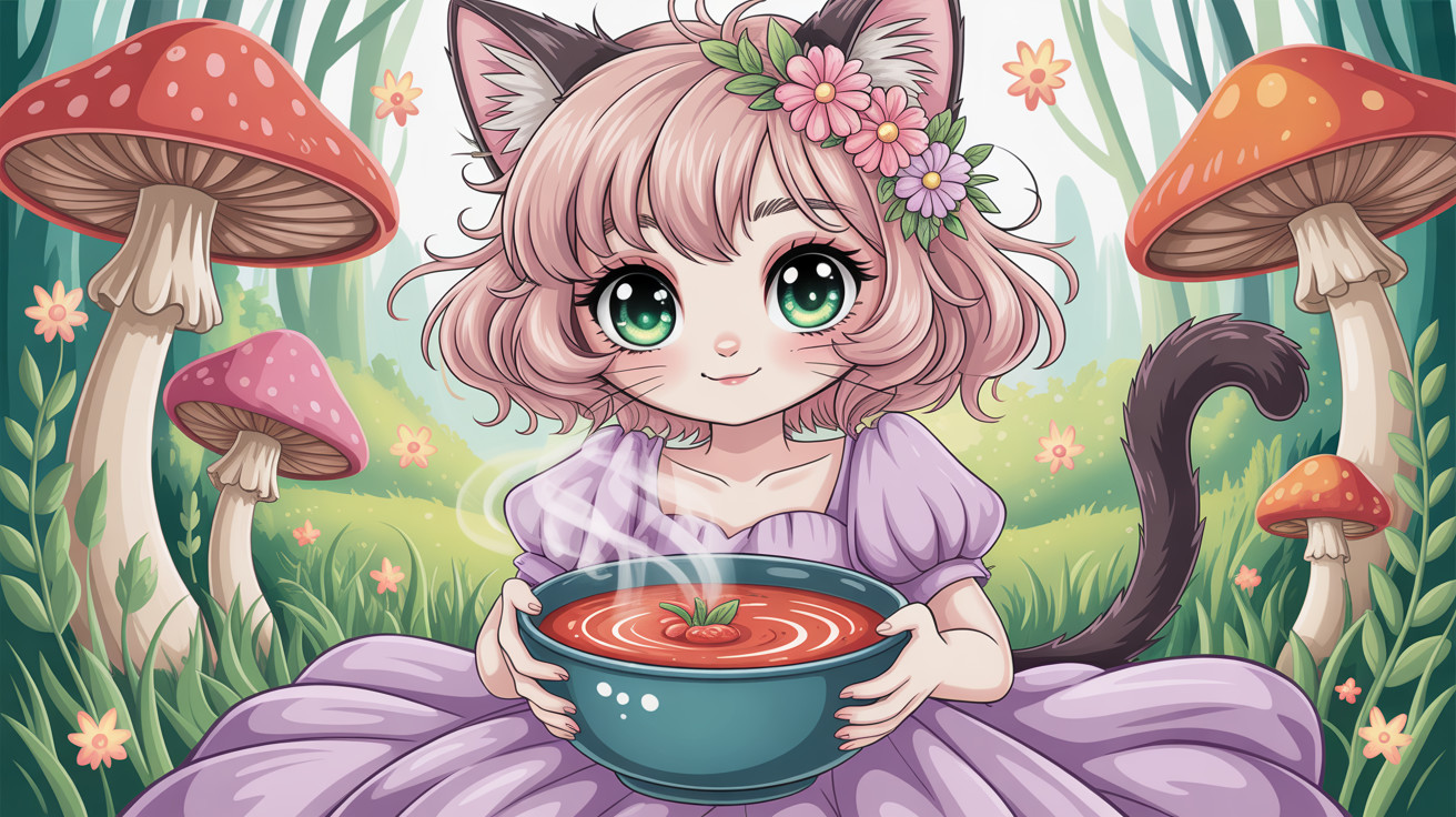 Anime Cat-Girl in Mushroom Forest with Tomato Soup