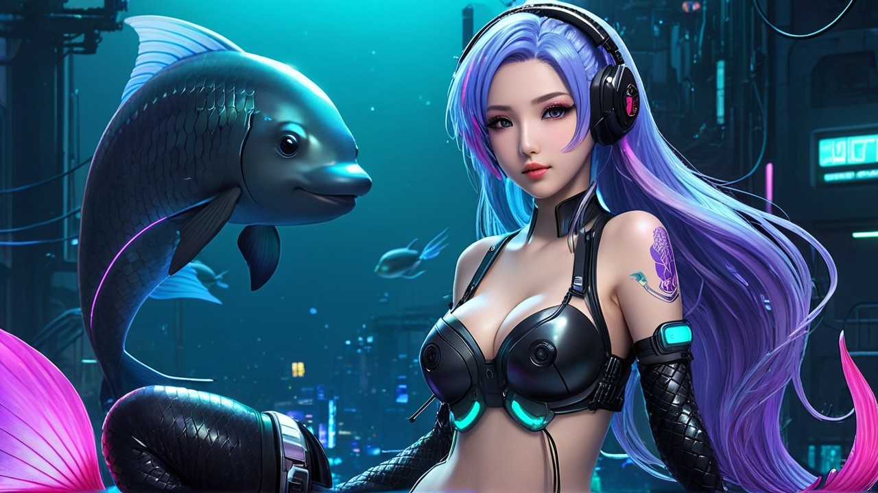 Futuristic Underwater Scene with Cybernetic Figure