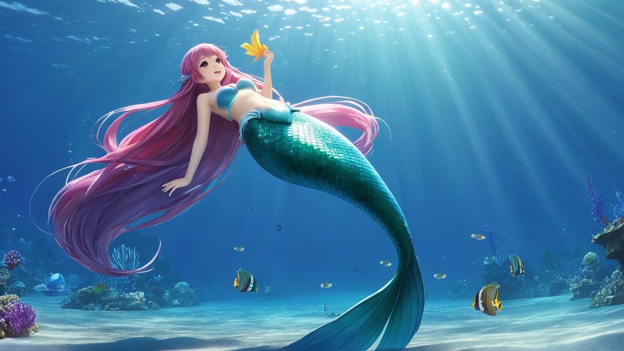 Vibrant Underwater Scene with Mermaid and Coral Reef