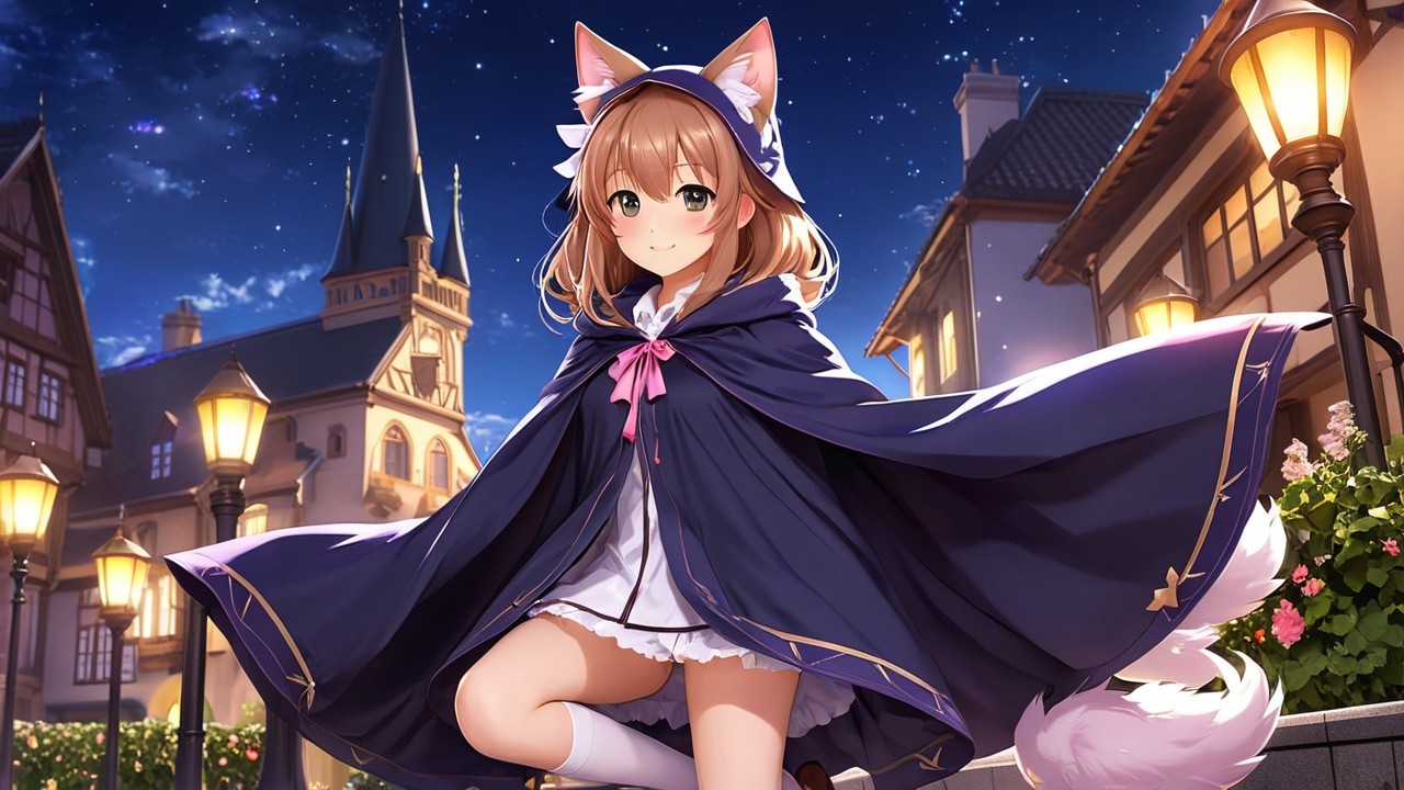 Charming Nighttime Village with Cat-Eared Character