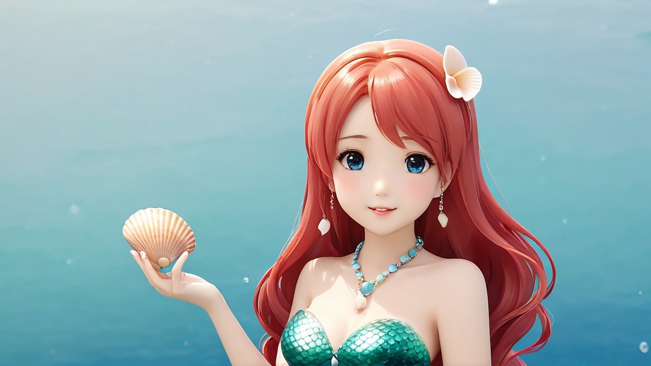 Mermaid by the Water with Green Scales and Seashell