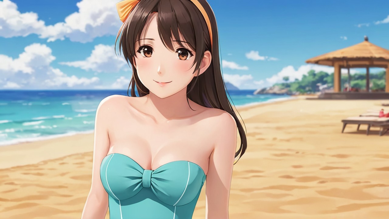 Young Woman in Blue Swimsuit on Sunny Beach