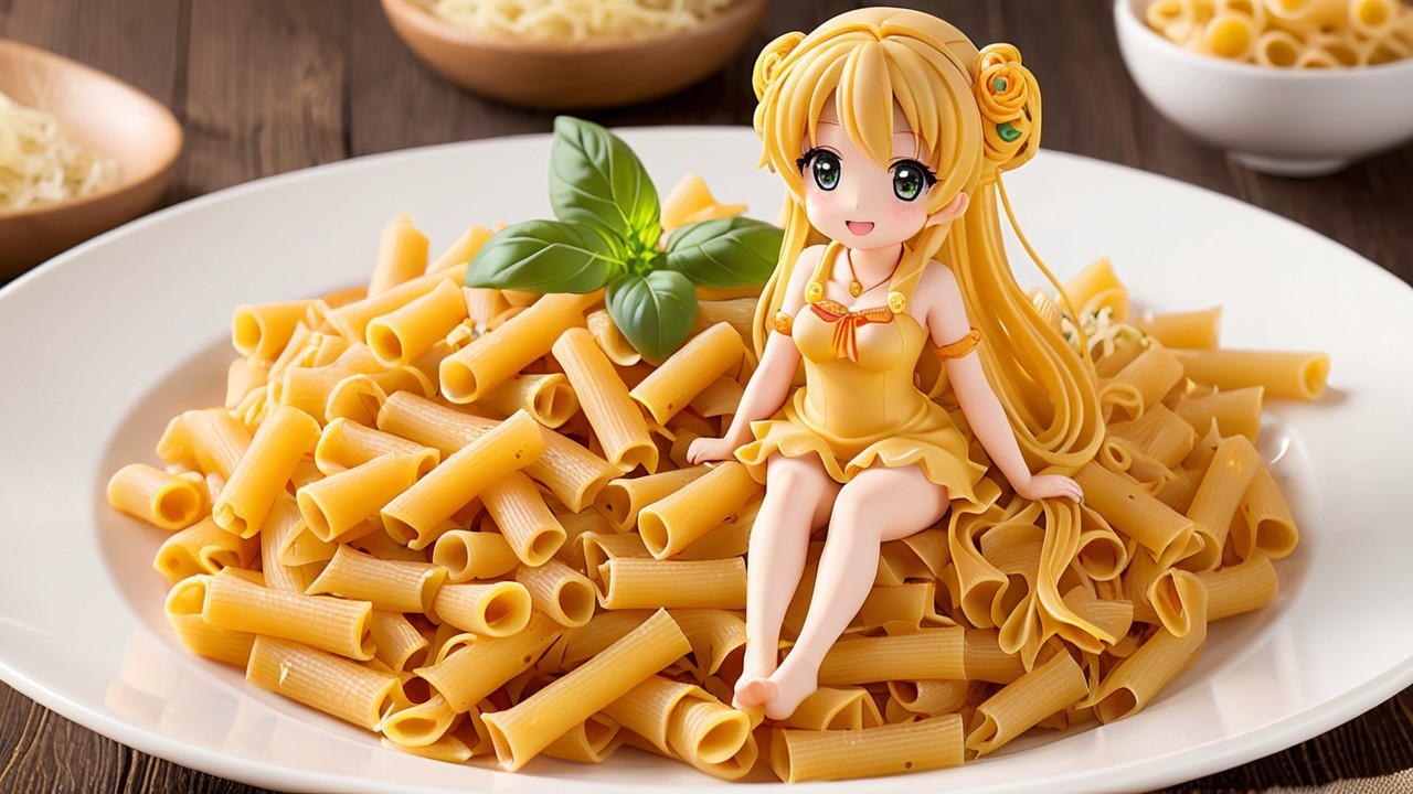 Whimsical Figurine on a Plate of Rigatoni Pasta