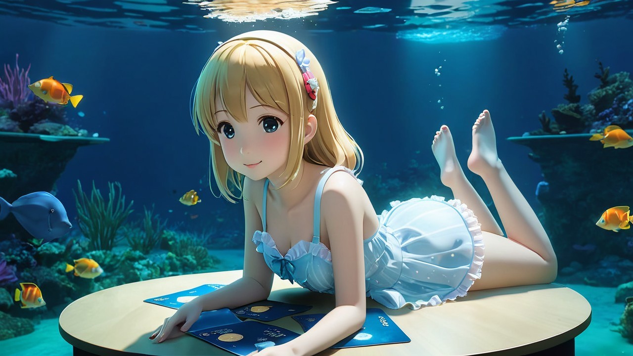 Cheerful Anime Character Relaxing Underwater with Fish