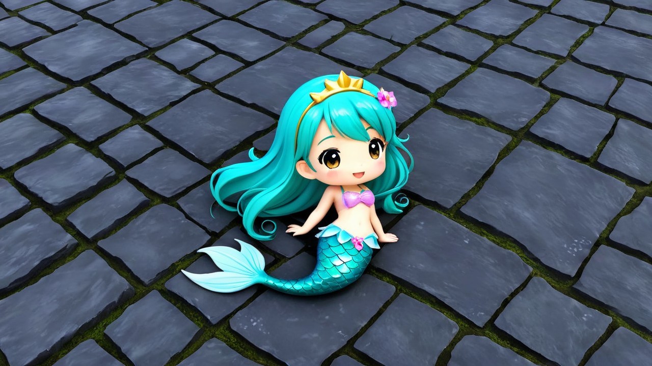 Charming Chibi Mermaid on Cobblestone Surface