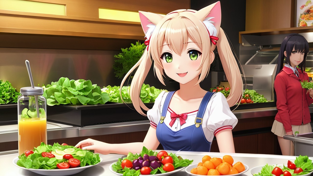 Cheerful Anime Girl in Colorful Kitchen Scene
